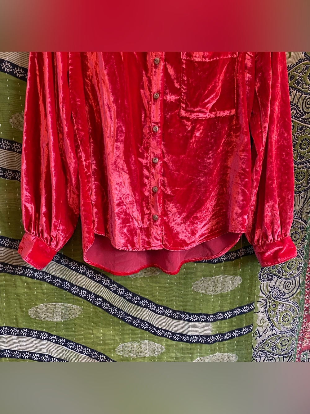 Pilcro Ruby Red Puff Sleeve Velvet Button Down Blouse Medium Cottagecore Femme - Picture 5 of 14